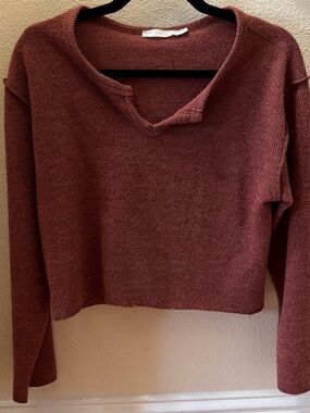 Lush Cropped Knit Sweater Women XS Rust Burgundy Notched Neck Relaxed